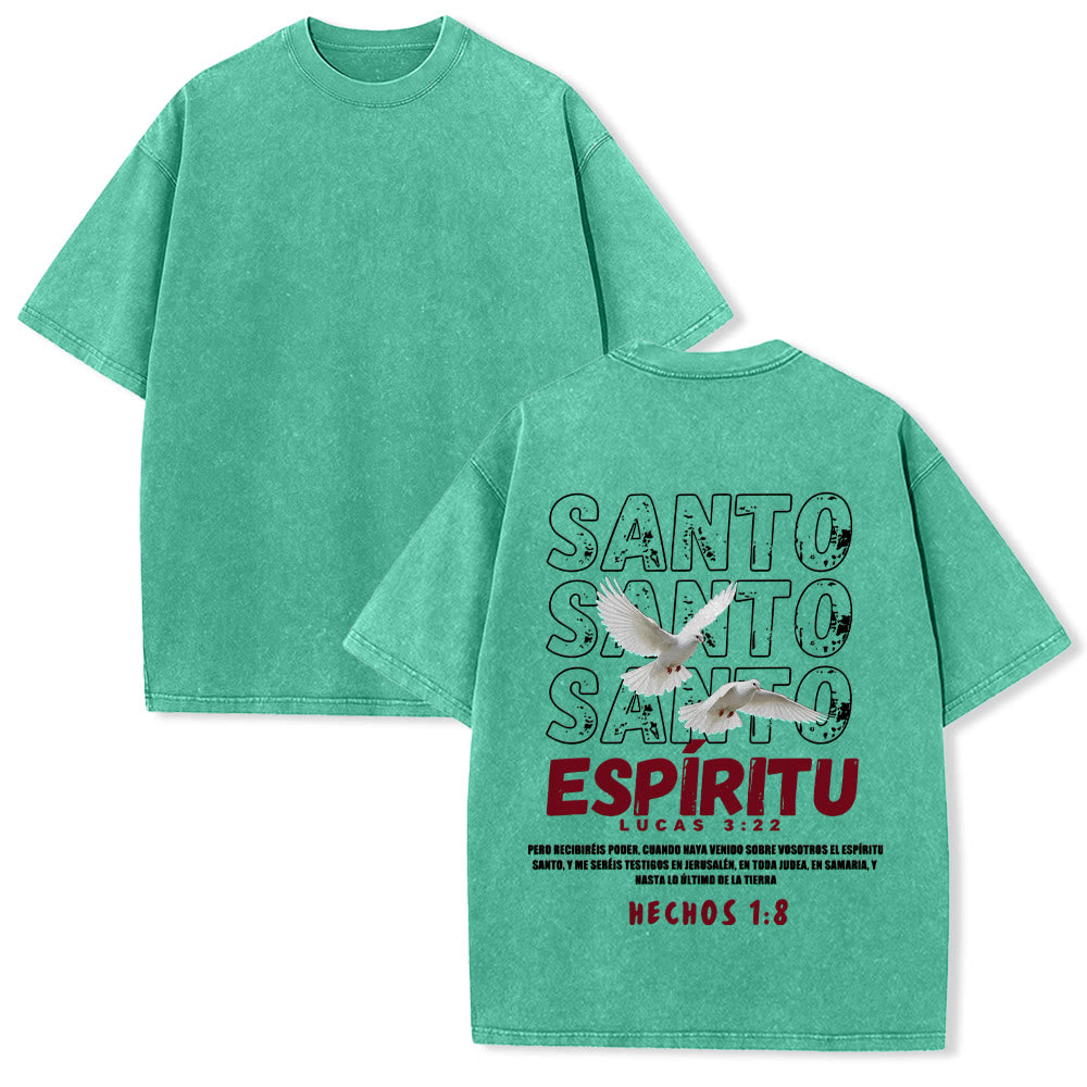 Christianartworkshop T-shirt unisexe délavé avec slogan espagnol du Saint-Esprit, double colombe, police vieillie au dos - Vert - 5XL - image 7