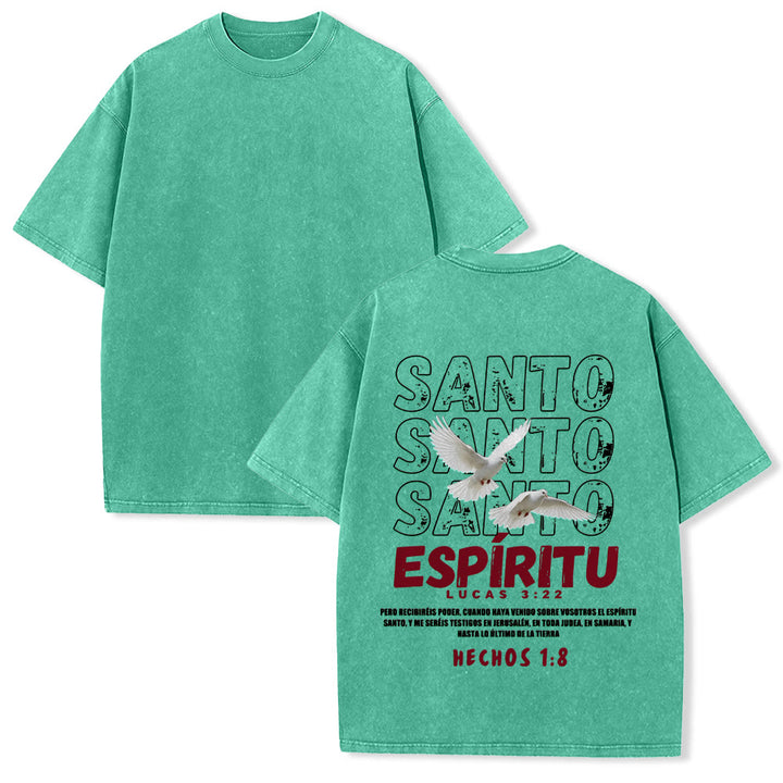 Christianartworkshop T-shirt unisexe délavé avec slogan espagnol du Saint-Esprit, double colombe, police vieillie au dos - Vert - 5XL - image 7