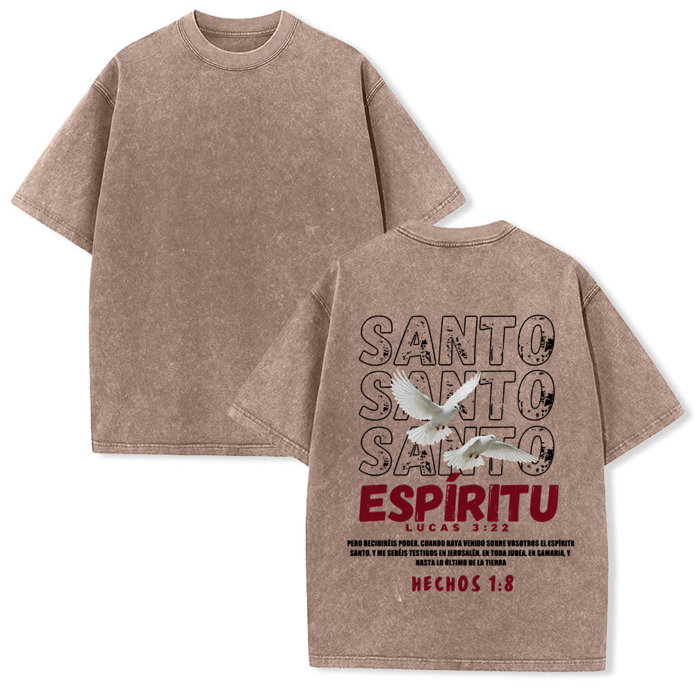 Christianartworkshop T-shirt unisexe délavé avec slogan espagnol du Saint-Esprit, double colombe, police vieillie au dos - Brun - 5XL - image 19