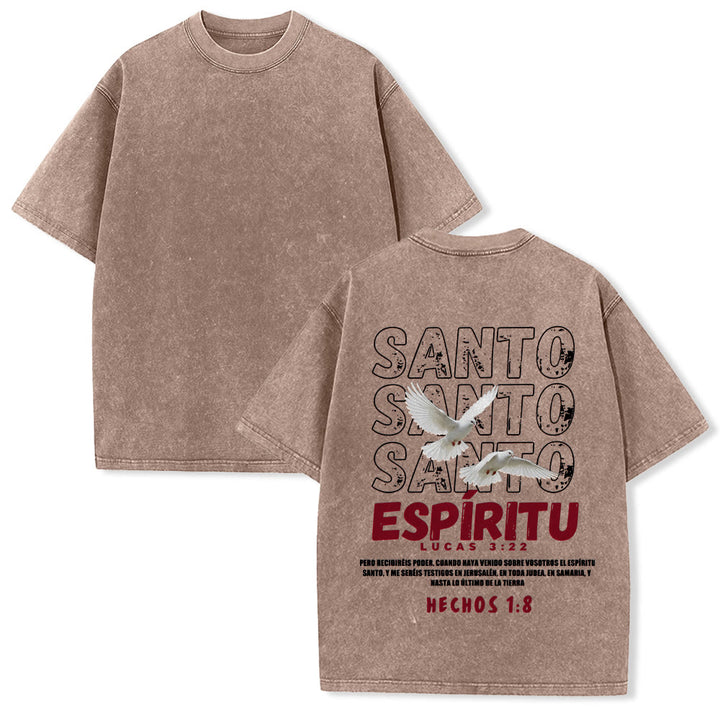 Christianartworkshop T-shirt unisexe délavé avec slogan espagnol du Saint-Esprit, double colombe, police vieillie au dos - Brun - 5XL - image 19