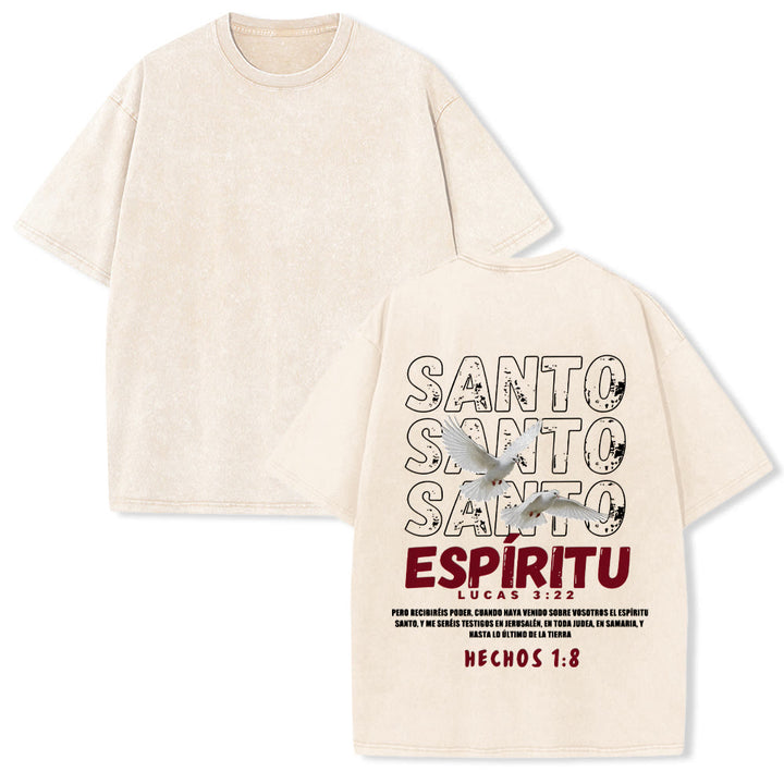 Christianartworkshop T-shirt unisexe délavé avec slogan espagnol du Saint-Esprit, double colombe, police vieillie au dos - Beige - 5XL - image 1