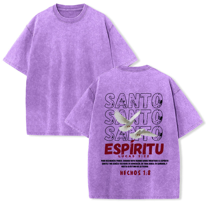 Christianartworkshop T-shirt unisexe délavé avec slogan espagnol du Saint-Esprit, double colombe, police vieillie au dos - Violet - 5XL - image 25