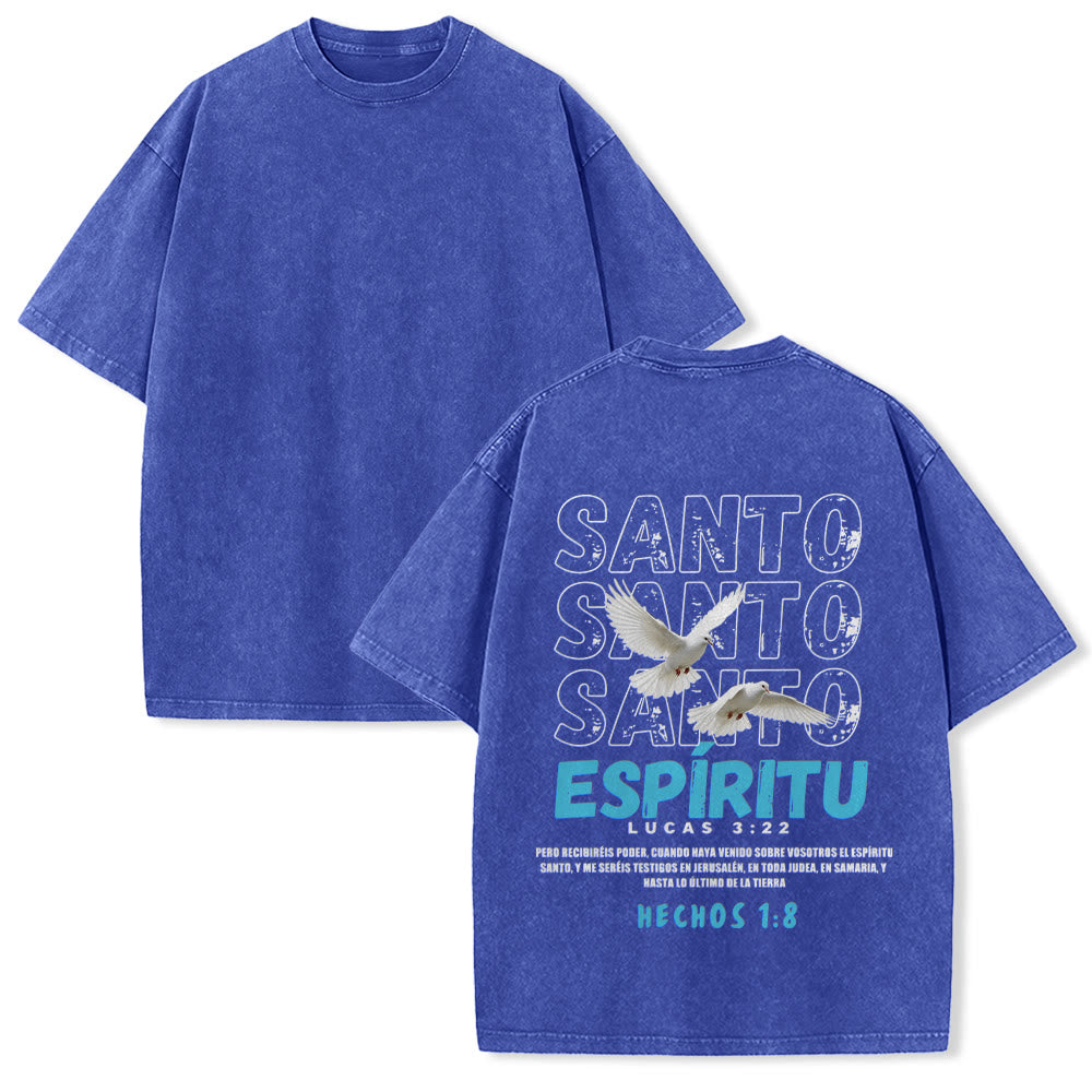 Christianartworkshop T-shirt unisexe délavé avec slogan espagnol du Saint-Esprit, double colombe, police vieillie au dos - Bleu - 5XL - image 10