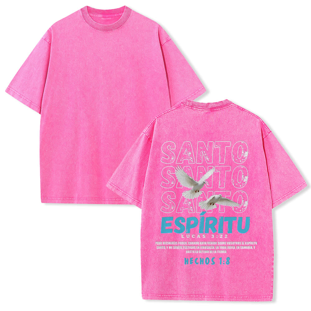Christianartworkshop T-shirt unisexe délavé avec slogan espagnol du Saint-Esprit, double colombe, police vieillie au dos - Rose - 5XL - image 22