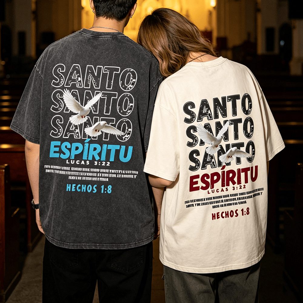 Christianartworkshop T-shirt unisexe délavé avec slogan espagnol du Saint-Esprit, double colombe, police vieillie au dos - image 0