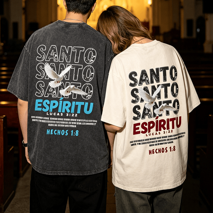 Christianartworkshop T-shirt unisexe délavé avec slogan espagnol du Saint-Esprit, double colombe, police vieillie au dos - image 0