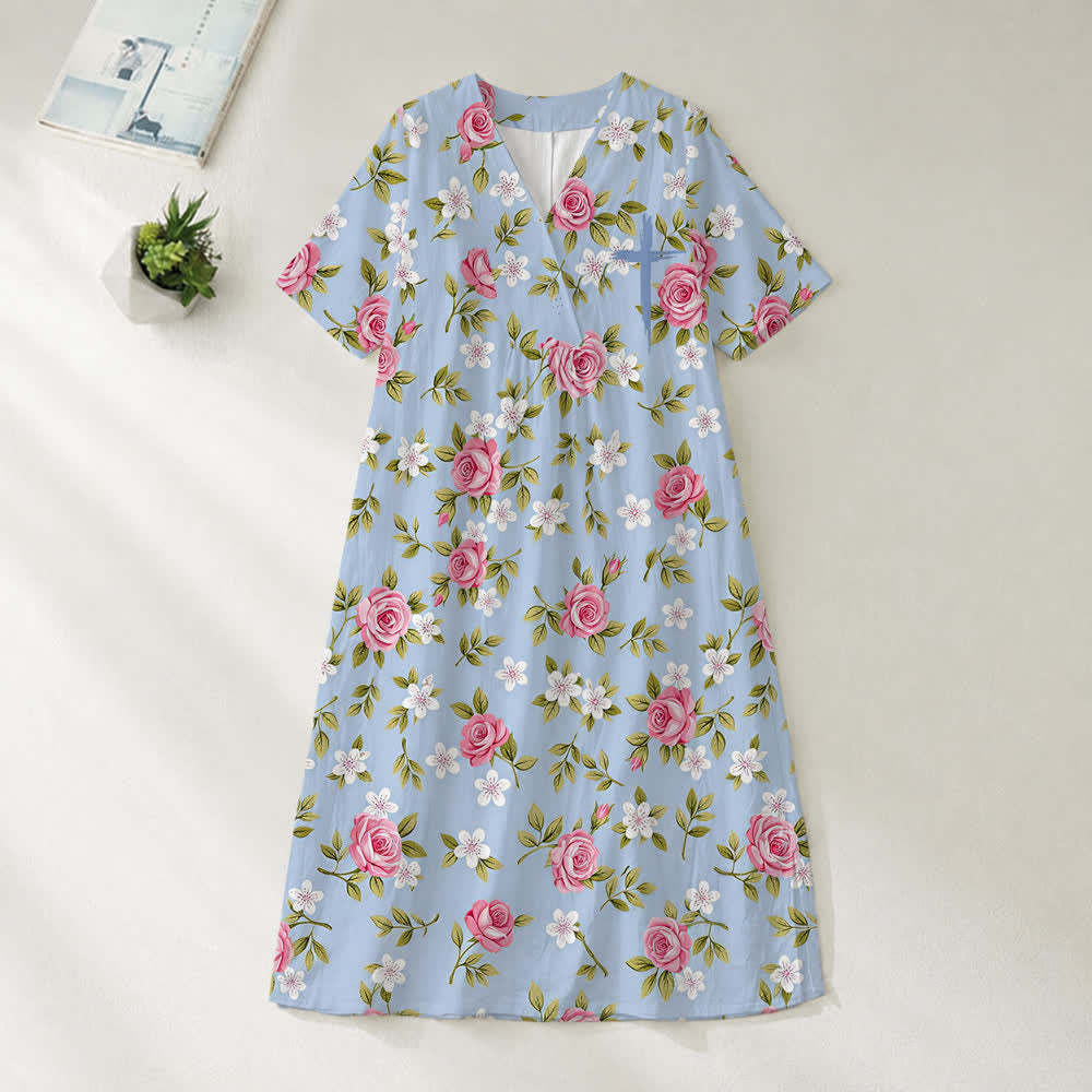 Christianartworkshop Robe midi d'été oversize à imprimé floral et col croisé, manches courtes - Roseraie - 4XL - image 1