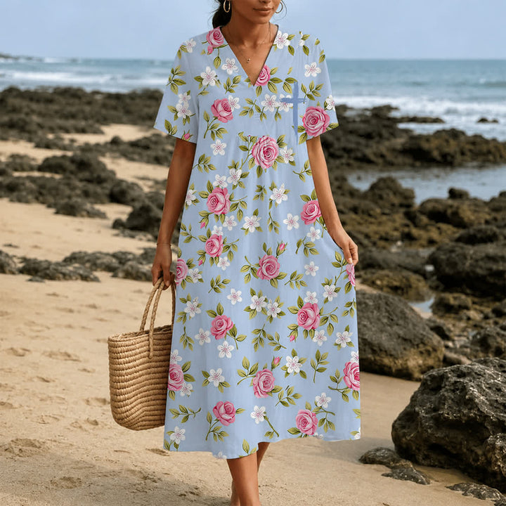 Christianartworkshop Robe midi d'été oversize à imprimé floral et col croisé, manches courtes - image 3