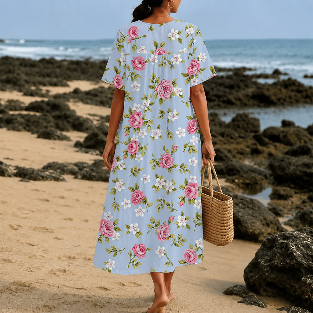 Christianartworkshop Robe midi d'été oversize à imprimé floral et col croisé, manches courtes - image 4