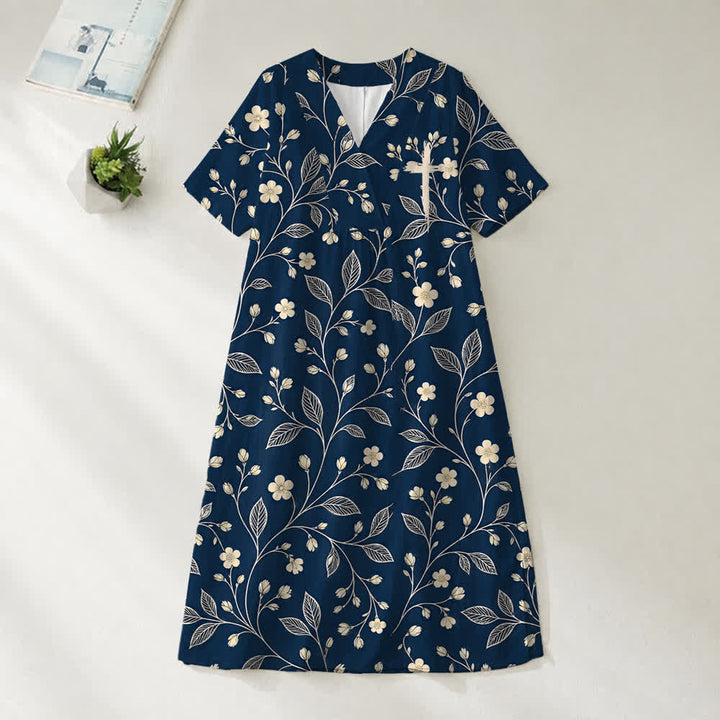 Christianartworkshop Robe midi d'été oversize à imprimé floral et col croisé, manches courtes - Vigne - 4XL - image 5