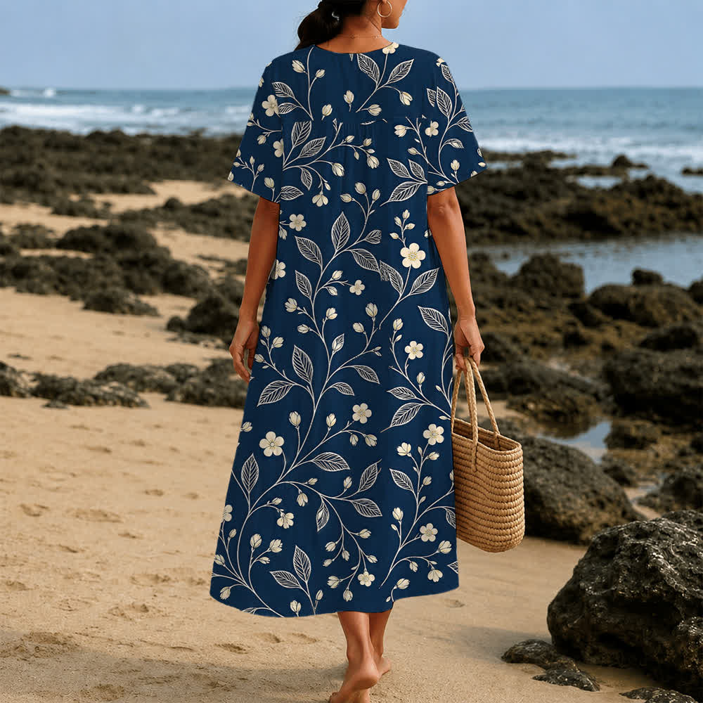 Christianartworkshop Robe midi d'été oversize à imprimé floral et col croisé, manches courtes - image 7