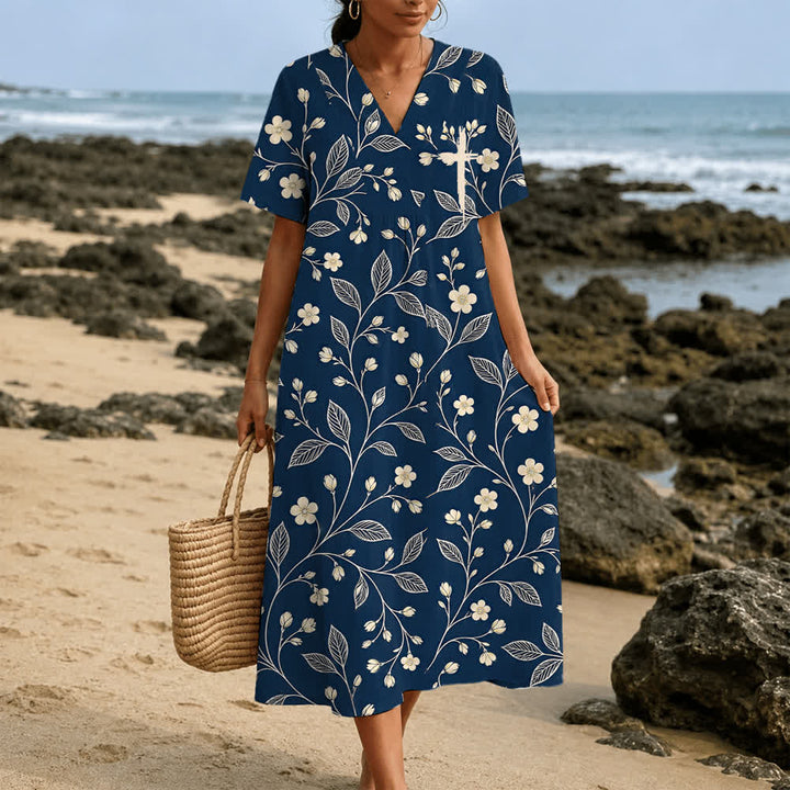 Christianartworkshop Robe midi d'été oversize à imprimé floral et col croisé, manches courtes - image 8