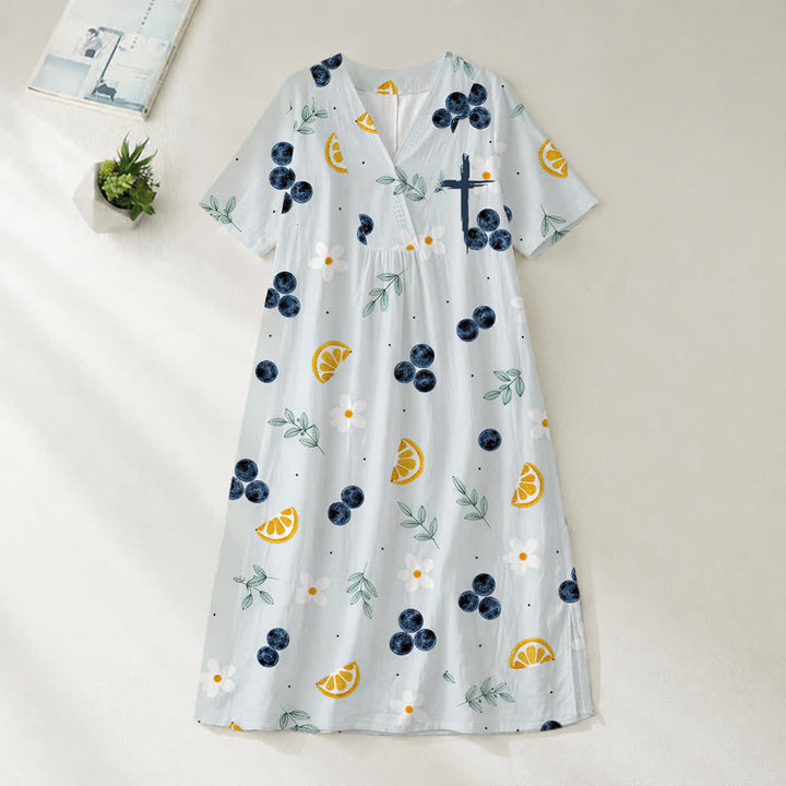 Christianartworkshop Robe midi d'été oversize à imprimé floral et col croisé, manches courtes - Myrtille et citron - 4XL - image 9