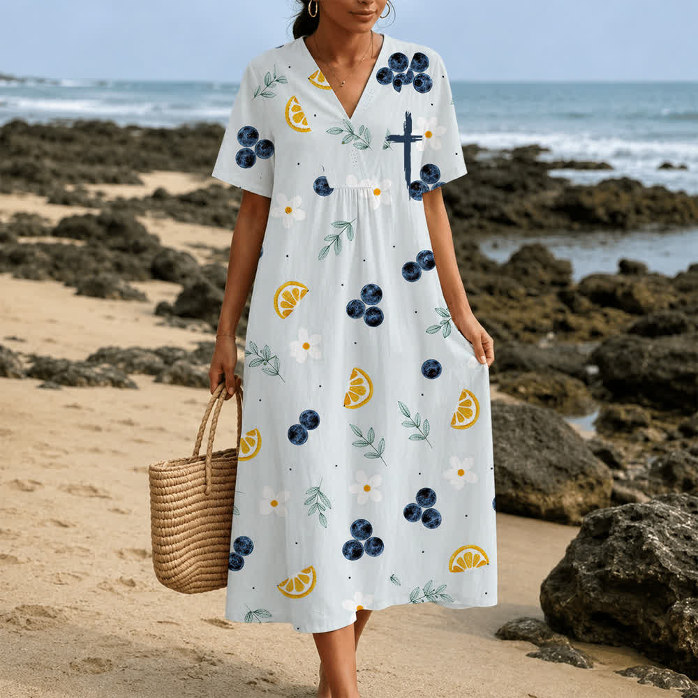 Christianartworkshop Robe midi d'été oversize à imprimé floral et col croisé, manches courtes - image 11