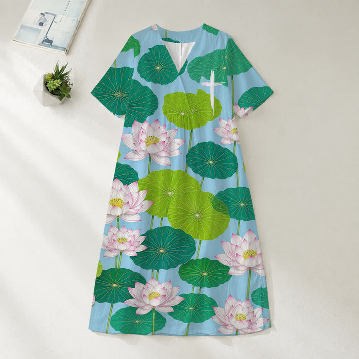 Christianartworkshop Robe midi d'été oversize à imprimé floral et col croisé, manches courtes - Lotus - 4XL - image 13