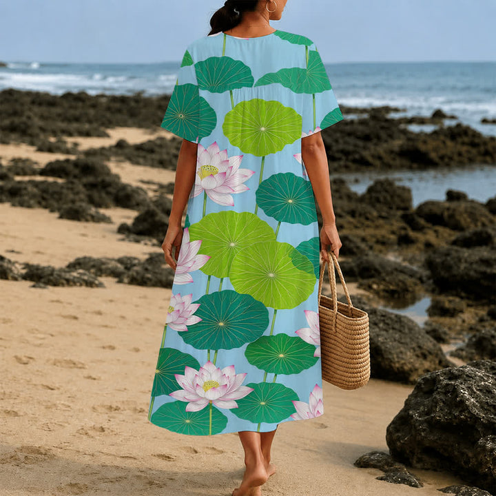 Christianartworkshop Robe midi d'été oversize à imprimé floral et col croisé, manches courtes - image 16