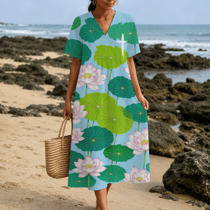 Christianartworkshop Robe midi d'été oversize à imprimé floral et col croisé, manches courtes - image 15