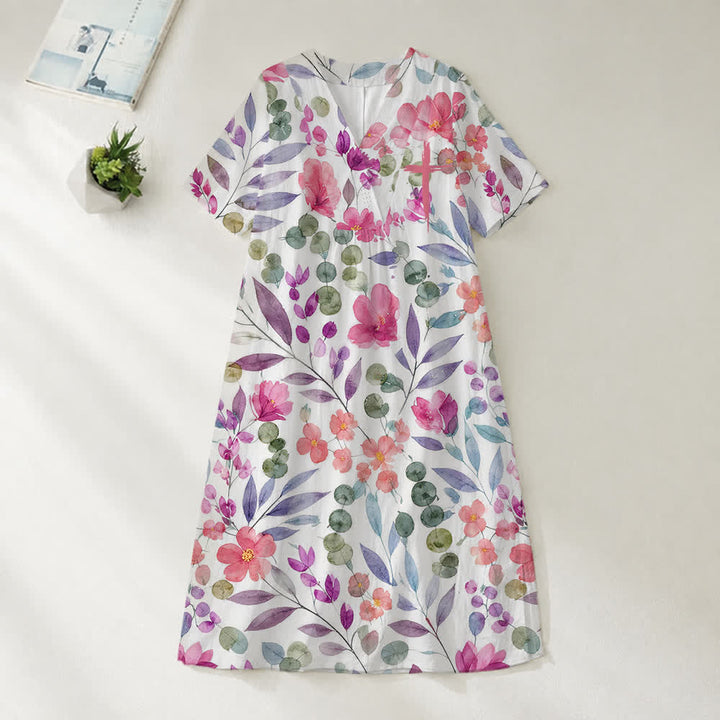 Christianartworkshop Robe midi d'été oversize à imprimé floral et col croisé, manches courtes - Aquarelle florale - 4XL - image 17