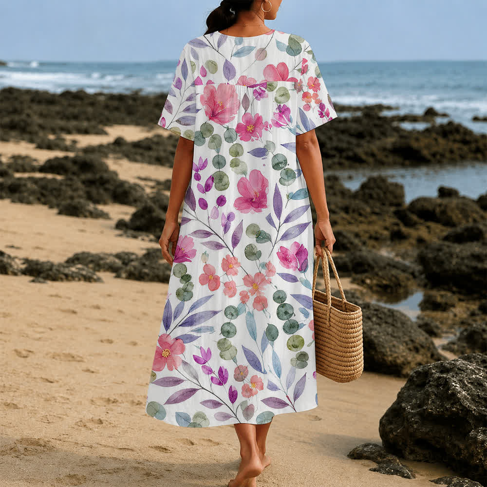 Christianartworkshop Robe midi d'été oversize à imprimé floral et col croisé, manches courtes - image 20
