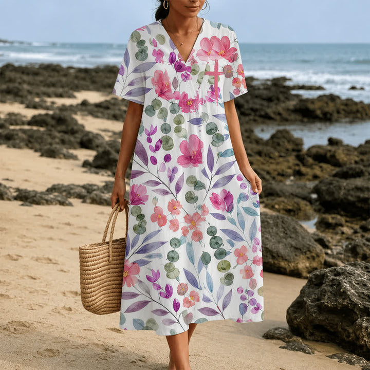 Christianartworkshop Robe midi d'été oversize à imprimé floral et col croisé, manches courtes - image 19