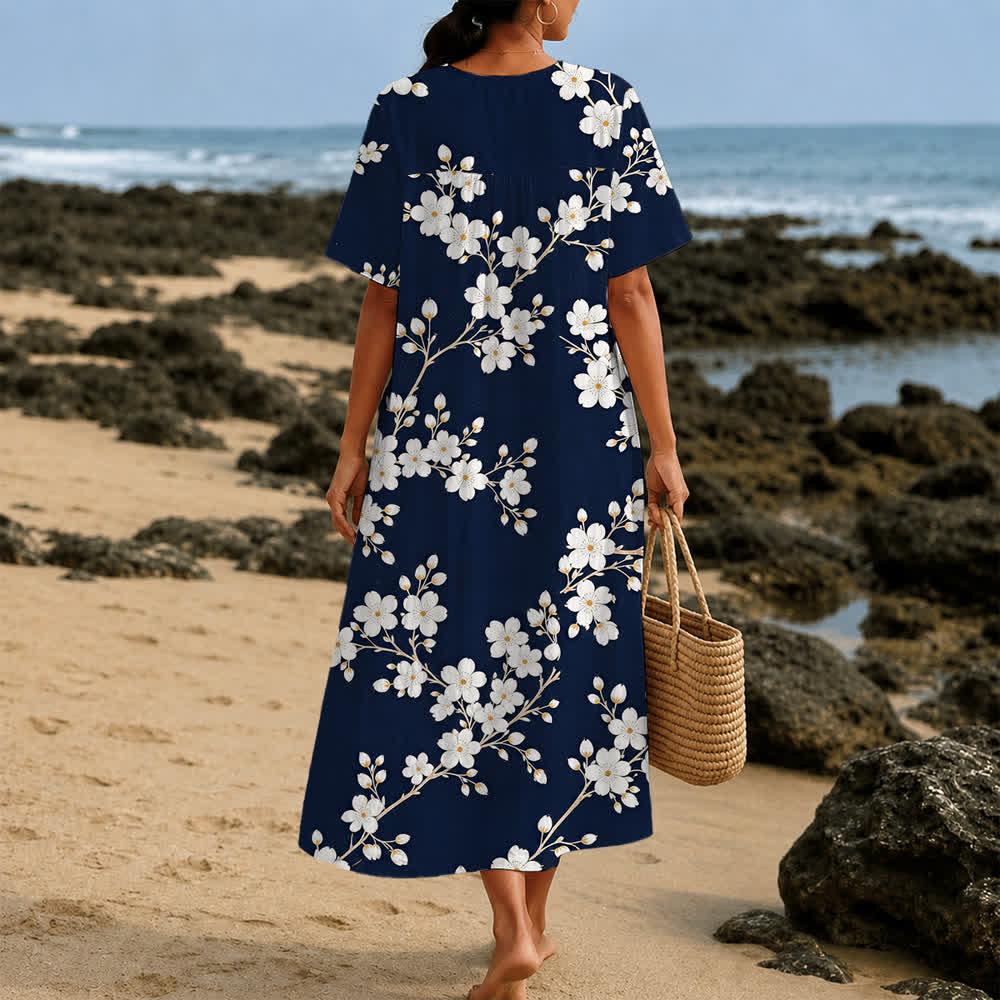 Christianartworkshop Robe midi d'été oversize à imprimé floral et col croisé, manches courtes - image 23
