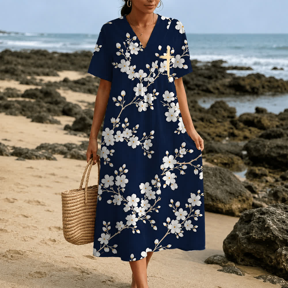 Christianartworkshop Robe midi d'été oversize à imprimé floral et col croisé, manches courtes - image 24