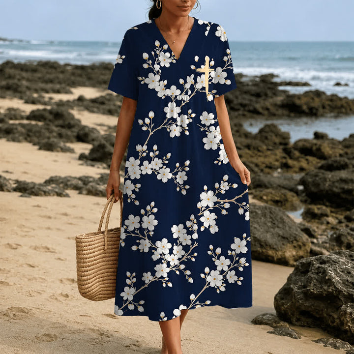 Christianartworkshop Robe midi d'été oversize à imprimé floral et col croisé, manches courtes - image 24