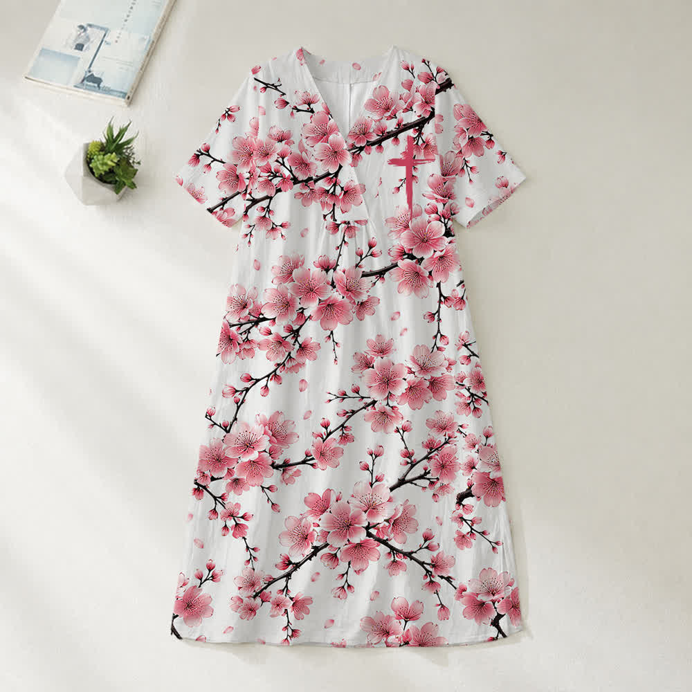 Christianartworkshop Robe midi d'été oversize à imprimé floral et col croisé, manches courtes - Sakura - 4XL - image 25