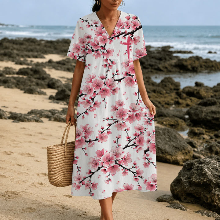 Christianartworkshop Robe midi d'été oversize à imprimé floral et col croisé, manches courtes - image 27