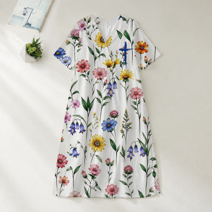 Christianartworkshop Robe midi d'été oversize à imprimé floral et col croisé, manches courtes - fleur sauvage - 4XL - image 29