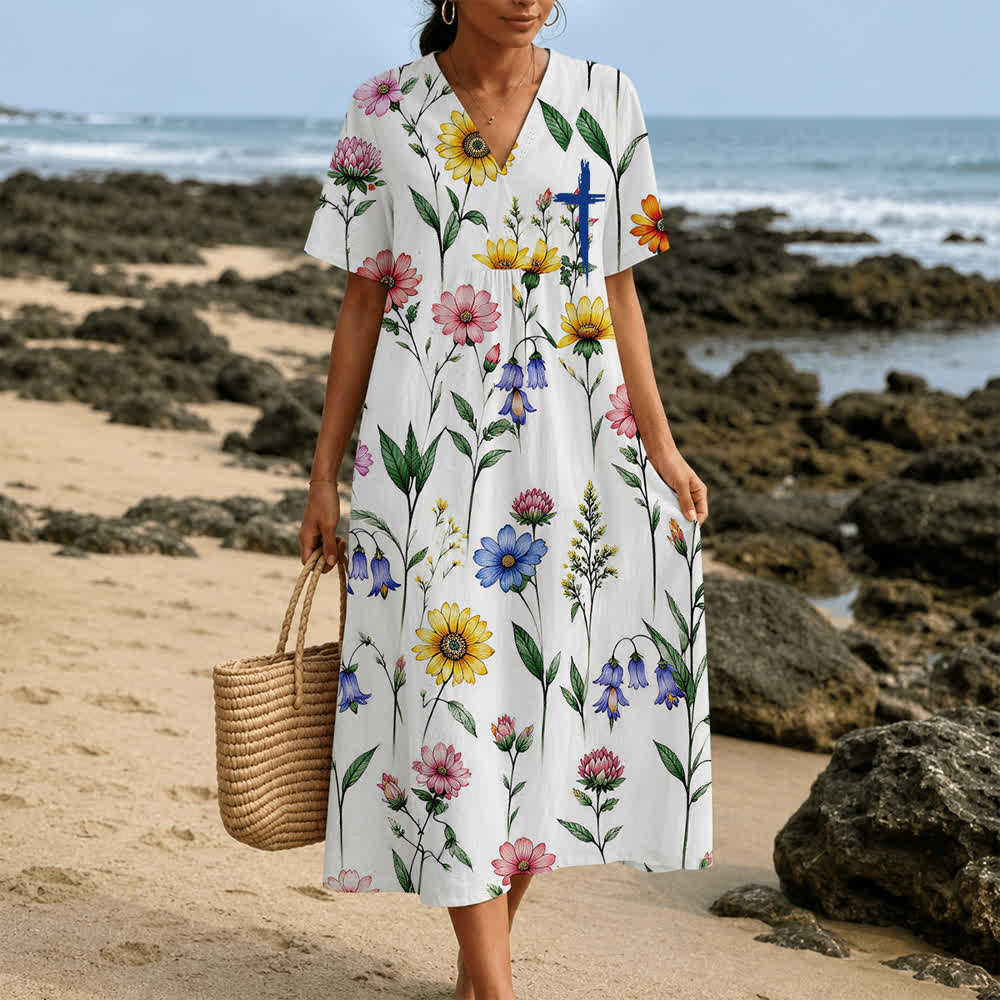 Christianartworkshop Robe midi d'été oversize à imprimé floral et col croisé, manches courtes - image 31
