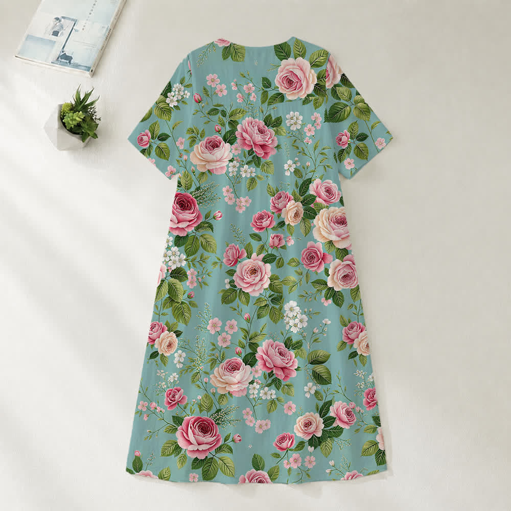 Christianartworkshop Robe midi d'été oversize à imprimé floral et col croisé, manches courtes - image 34