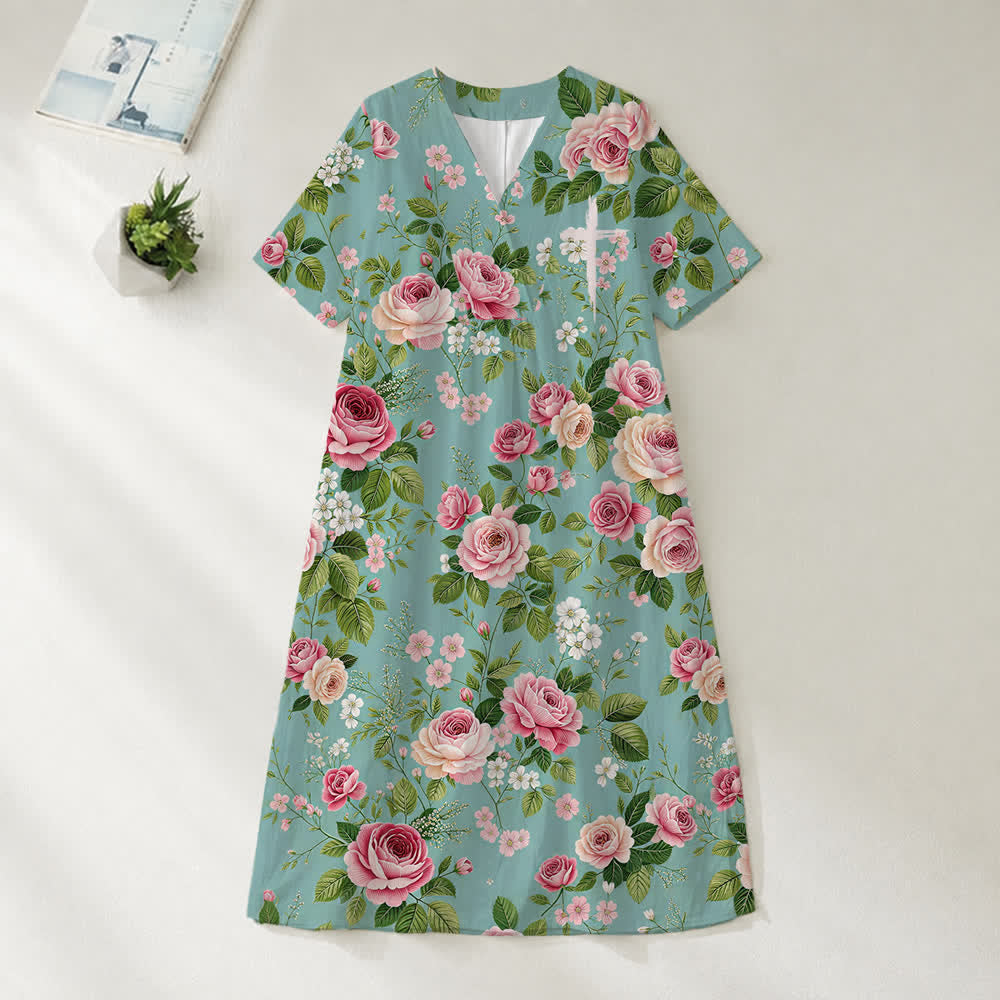 Christianartworkshop Robe midi d'été oversize à imprimé floral et col croisé, manches courtes - Rose - 4XL - image 33