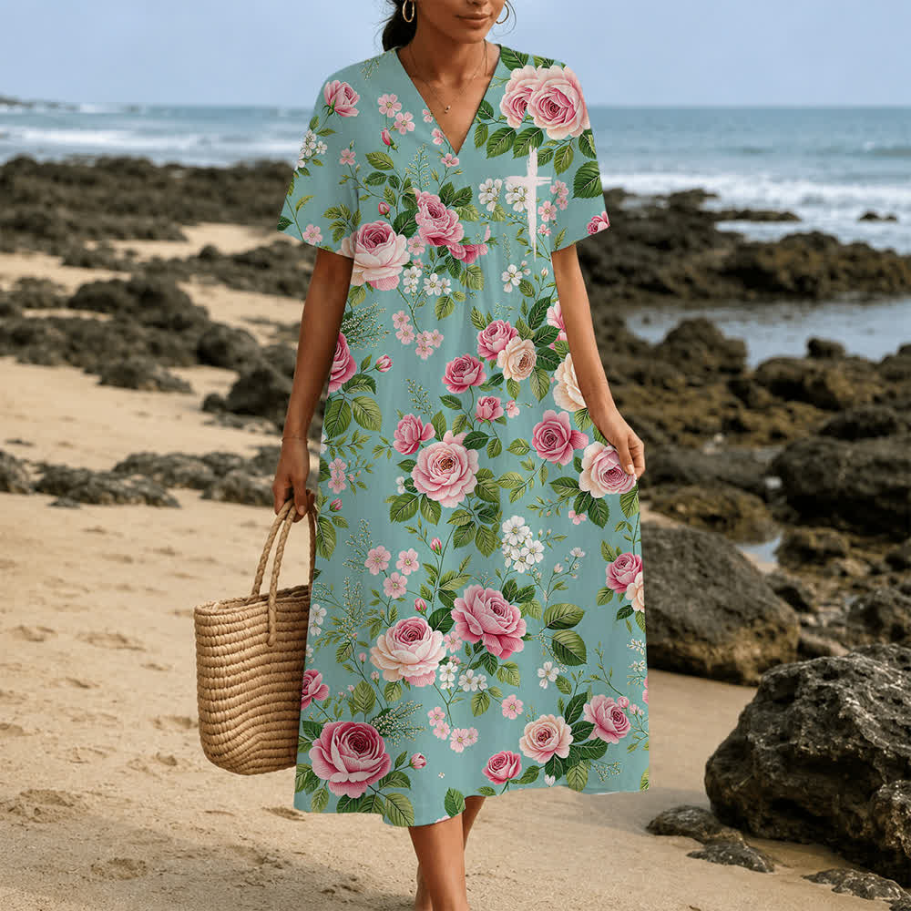 Christianartworkshop Robe midi d'été oversize à imprimé floral et col croisé, manches courtes - image 35