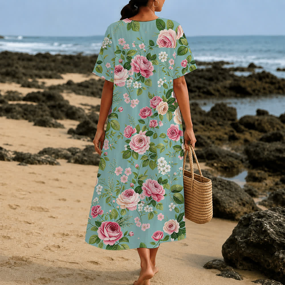 Christianartworkshop Robe midi d'été oversize à imprimé floral et col croisé, manches courtes - image 36