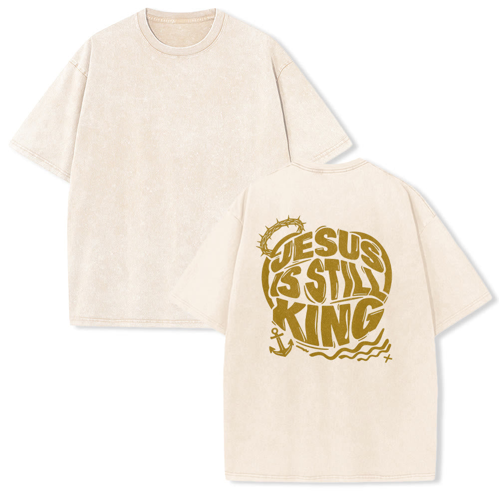 Christianartworkshop T-shirt unisexe vintage délavé avec imprimé « Jésus est toujours roi », couronne d'épines et ancre. - Beige - 5XL - image 1