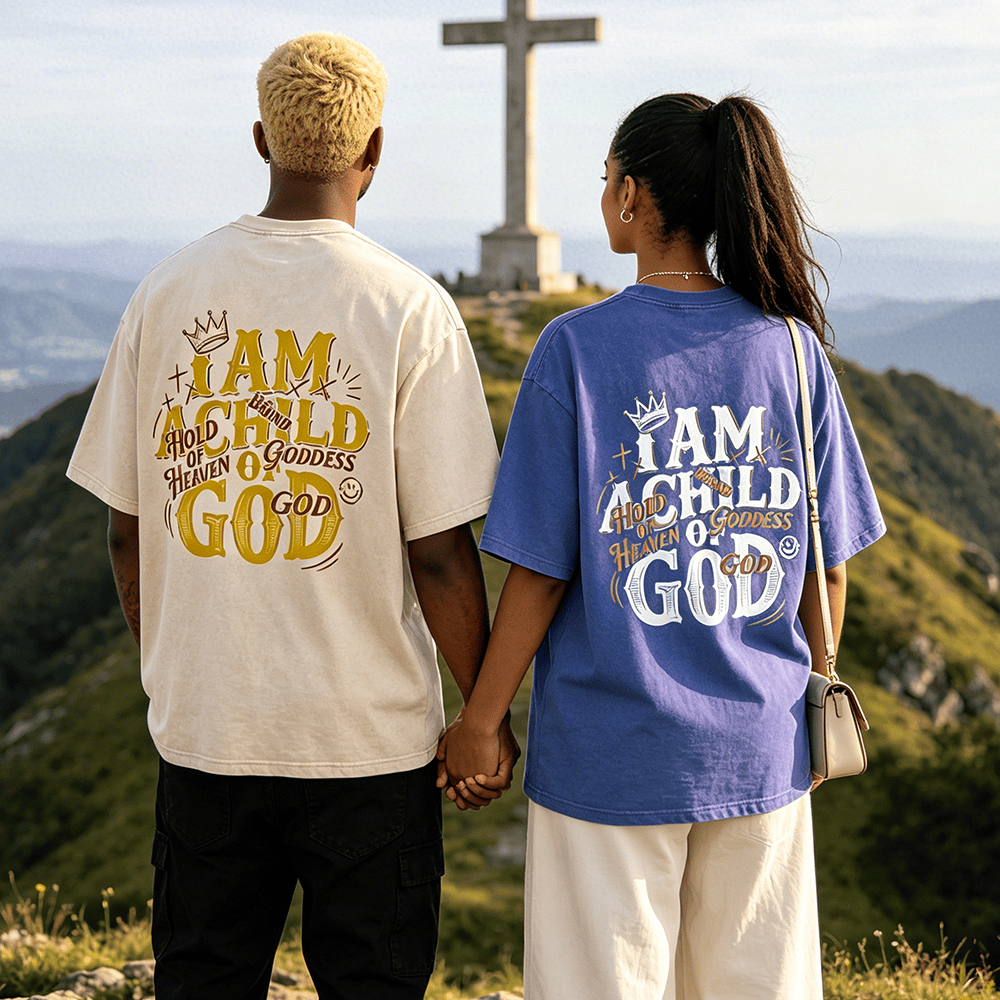 Christianartworkshop T-shirt unisexe vintage délavé avec couronne et croix, imprimé dos assorti, motif « Je suis un enfant de Dieu ». - image 0