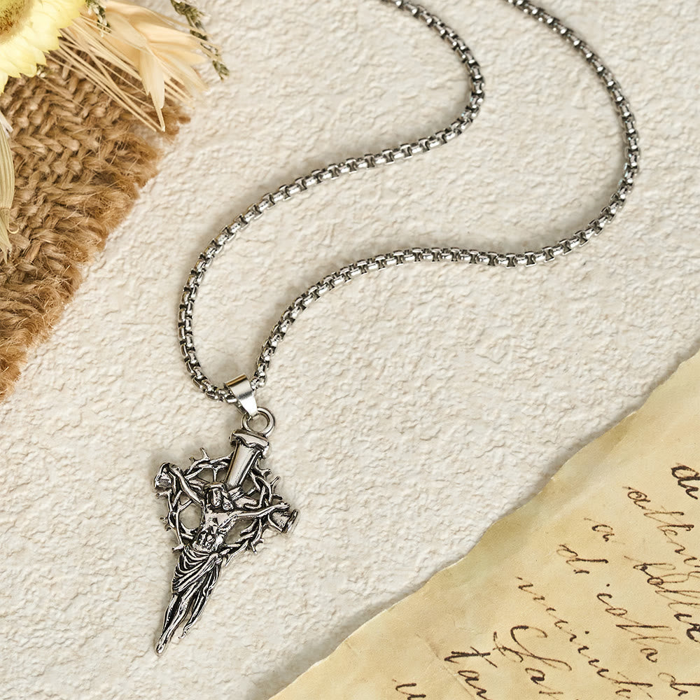 Christianartworkshop Collier avec croix et couronne d'épines en relief et chaîne boîte : emblème du sacrifice et de la miséricorde rédemptrice - Crucifix et épine - image 0