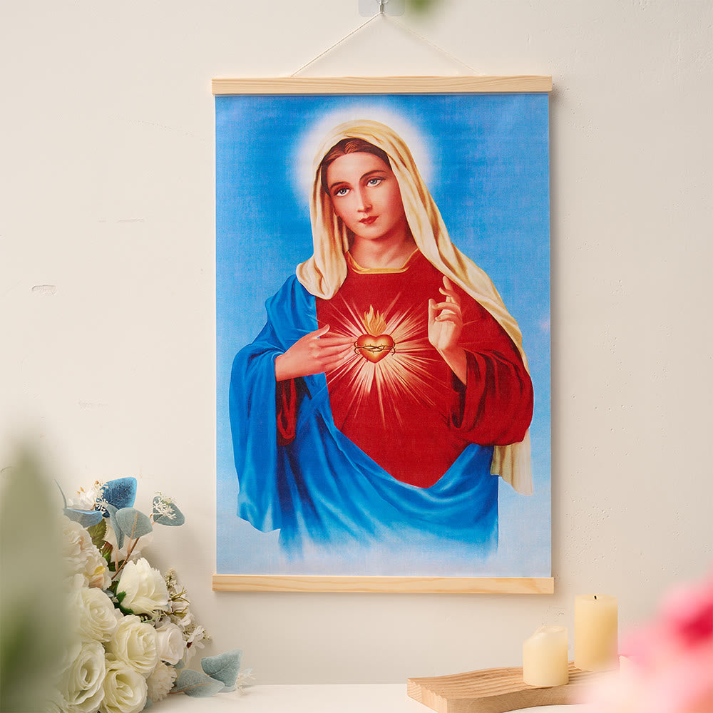 Christianartworkshop Cœur Immaculé, Notre-Dame, Jésus et la Sainte Famille, Tableau mural en bois naturel sur toile roulée, - image 1