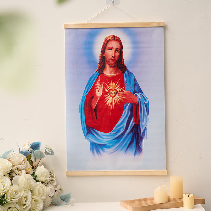 Christianartworkshop Cœur Immaculé, Notre-Dame, Jésus et la Sainte Famille, Tableau mural en bois naturel sur toile roulée, - image 3