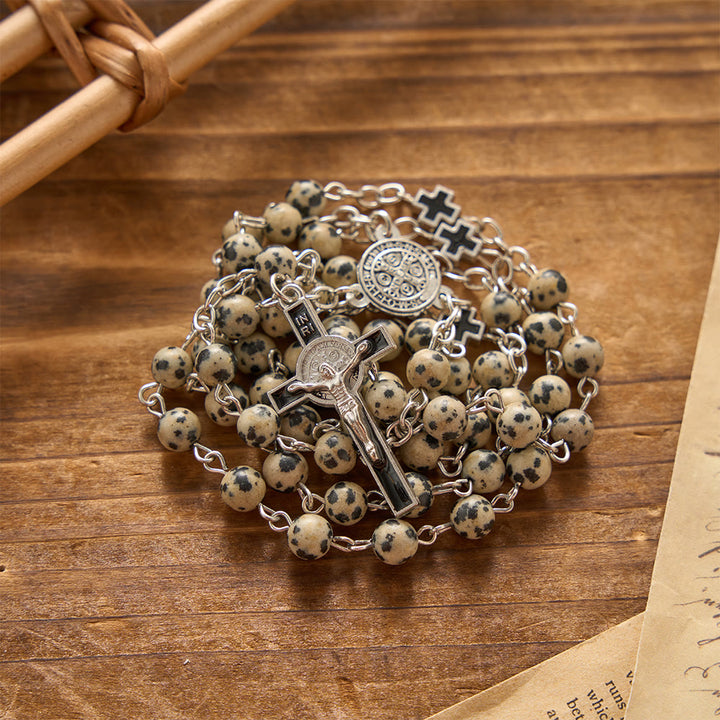 Chapelet crucifix de Saint Benoît en pierre naturelle tachetée, emblème de protection et de miséricorde rédemptrice, par Christianartworkshop - image 1