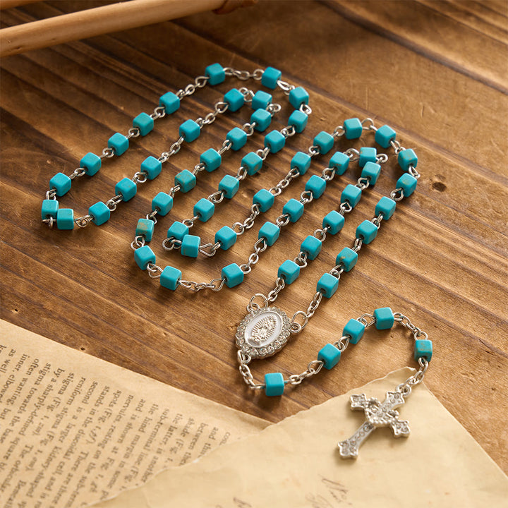 Chapelet de Notre-Dame en perles turquoise cubiques, bordure de cristal, Christianartworkshop : emblème de douce protection céleste - image 1