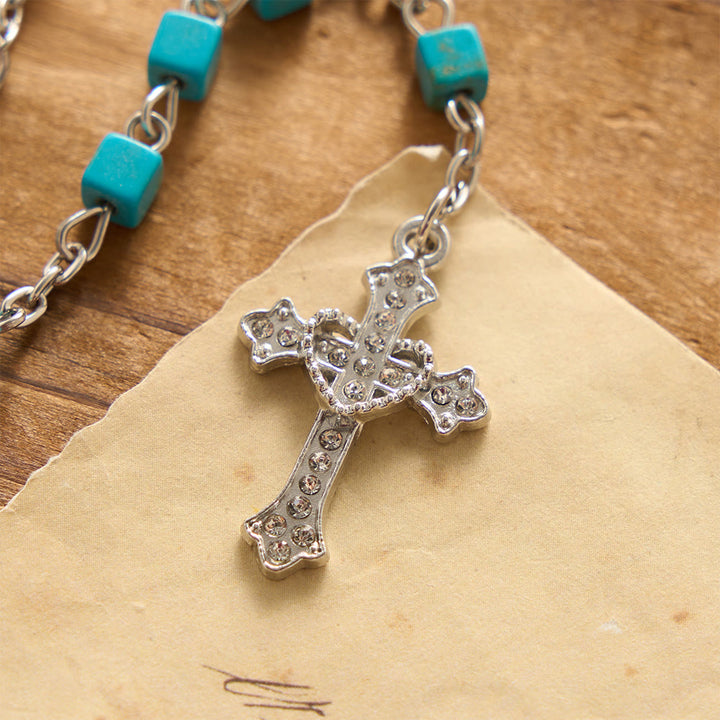 Chapelet de Notre-Dame en perles turquoise cubiques, bordure de cristal, Christianartworkshop : emblème de douce protection céleste - image 5
