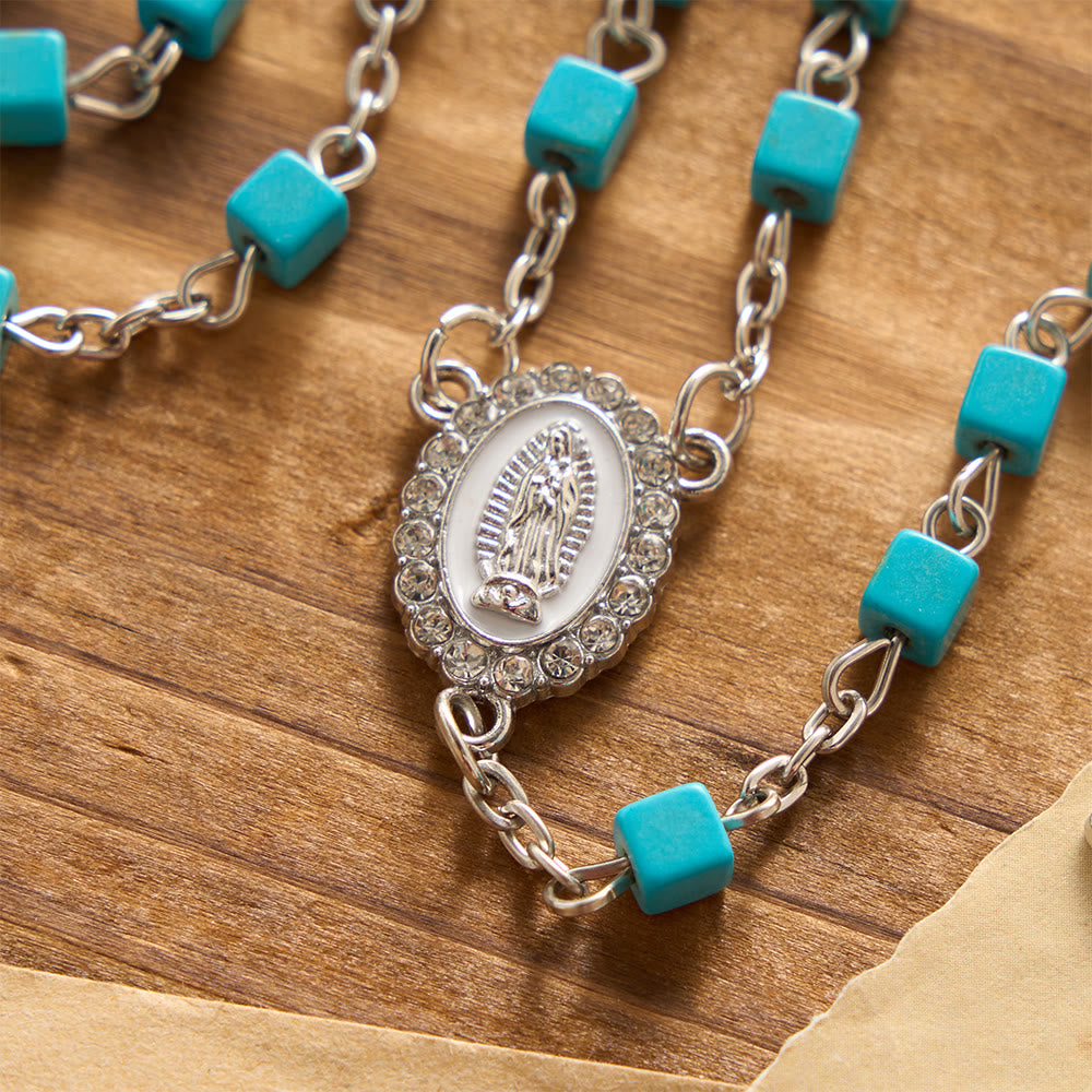 Chapelet de Notre-Dame en perles turquoise cubiques, bordure de cristal, Christianartworkshop : emblème de douce protection céleste - image 4