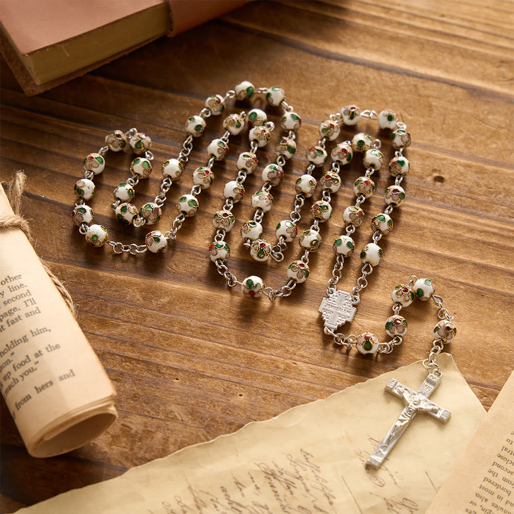 Christianartworkshop Crucifix Croix de Jérusalem en cloisonné floral blanc, chapelet de prière : emblème de la grâce divine qui protège intemporellement - image 1