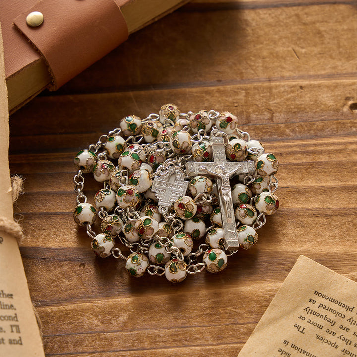 Christianartworkshop Crucifix Croix de Jérusalem en cloisonné floral blanc, chapelet de prière : emblème de la grâce divine qui protège intemporellement - Blanc - image 0
