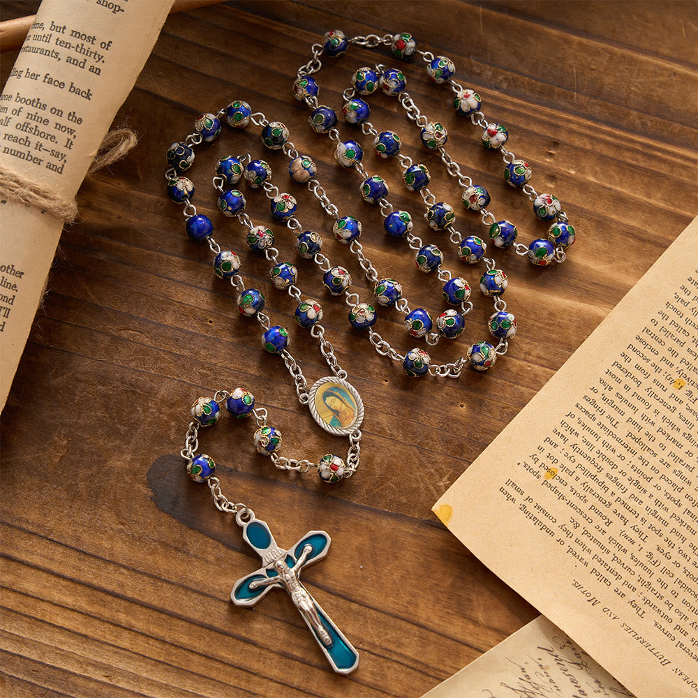 Christianartworkshop Crucifix émaillé cloisonné multicolore à motif floral de Notre-Dame : emblème de la grâce divine protectrice et rayonnante - Bleu - image 0