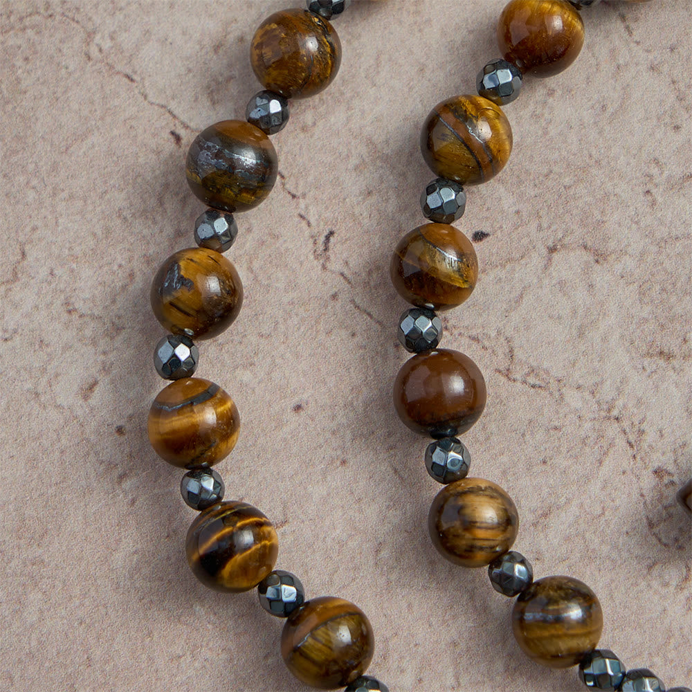 Christianartworkshop Chapelet en croix de pierre naturelle massive, mélange d'œil de tigre et d'obsidienne : emblème de la grâce divine, source d'ancrage et de stabilité. - image 3