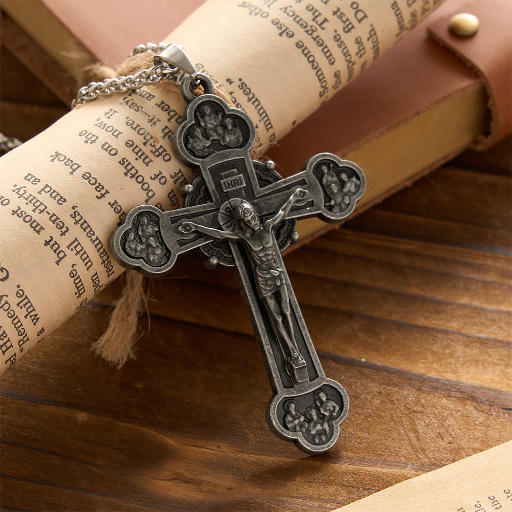 Christianartworkshop Collier vintage à quatre lobes en relief avec motif de croix et chaîne en blé : emblème du sacrifice et de la miséricorde rédemptrice - image 1