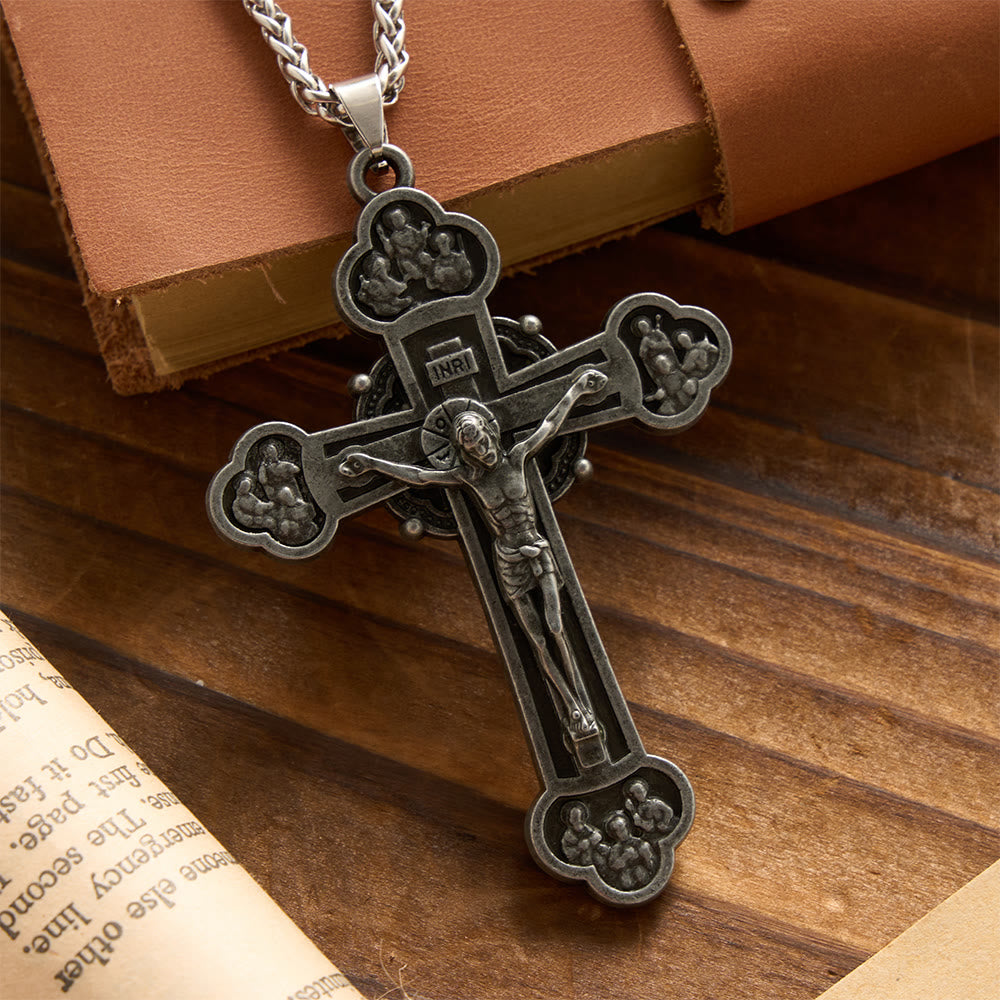 Christianartworkshop Collier vintage à quatre lobes en relief avec motif de croix et chaîne en blé : emblème du sacrifice et de la miséricorde rédemptrice - Crucifix - image 0